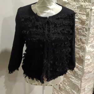 T Tahari Black Fringe Knit Sweater Cardigan